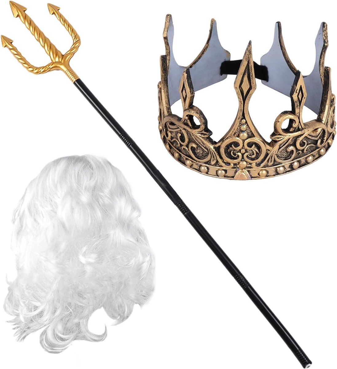 Drie-delige Koning Neptunus Kostuum Accessoire Set met Decoratieve Drietand, Gouden Kroon en Witte Peruk voor Halloween en Verkleedpartijen