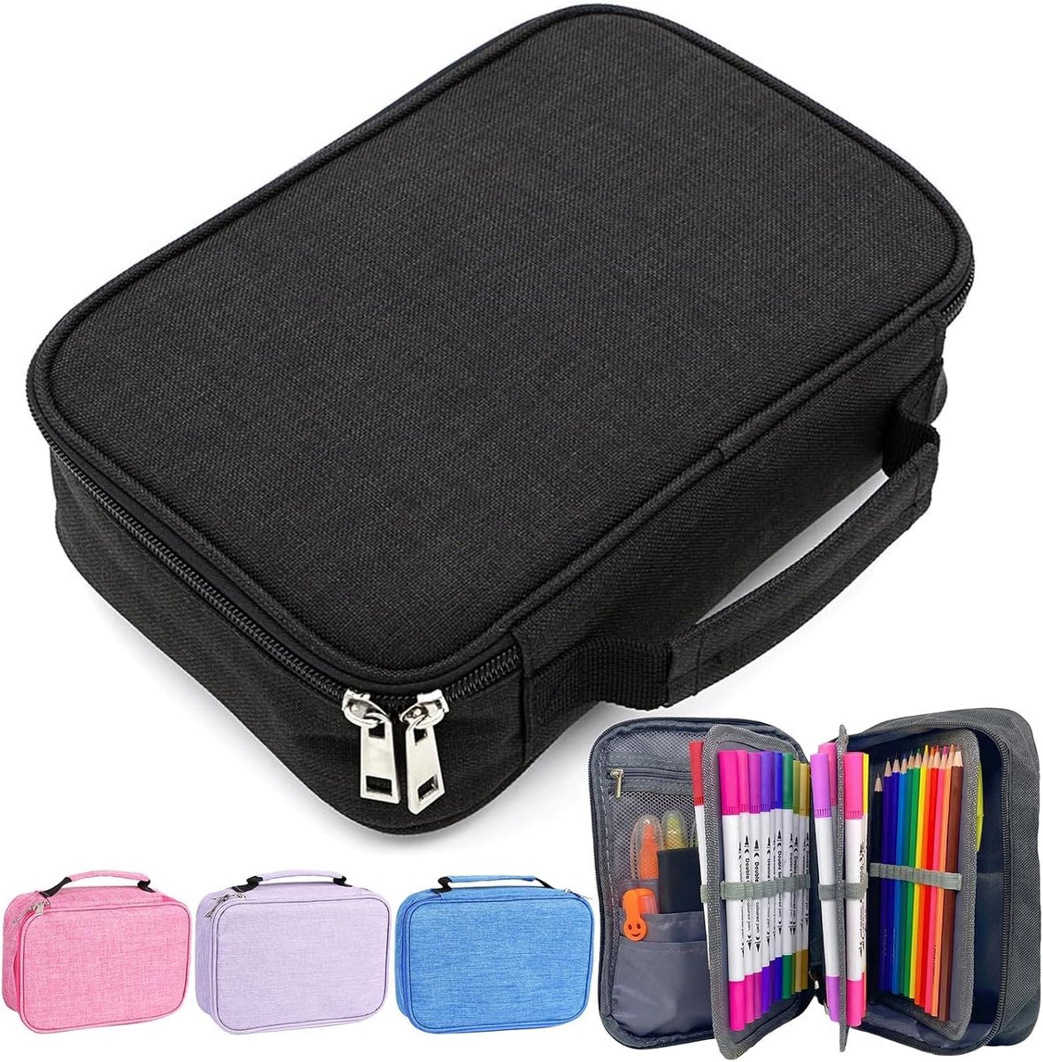 KZQ Groot school etui met handvat en elastische band, geschikt voor 72 pennen of potloden, met ritssluiting en vakindeling, uniseks, Zwart