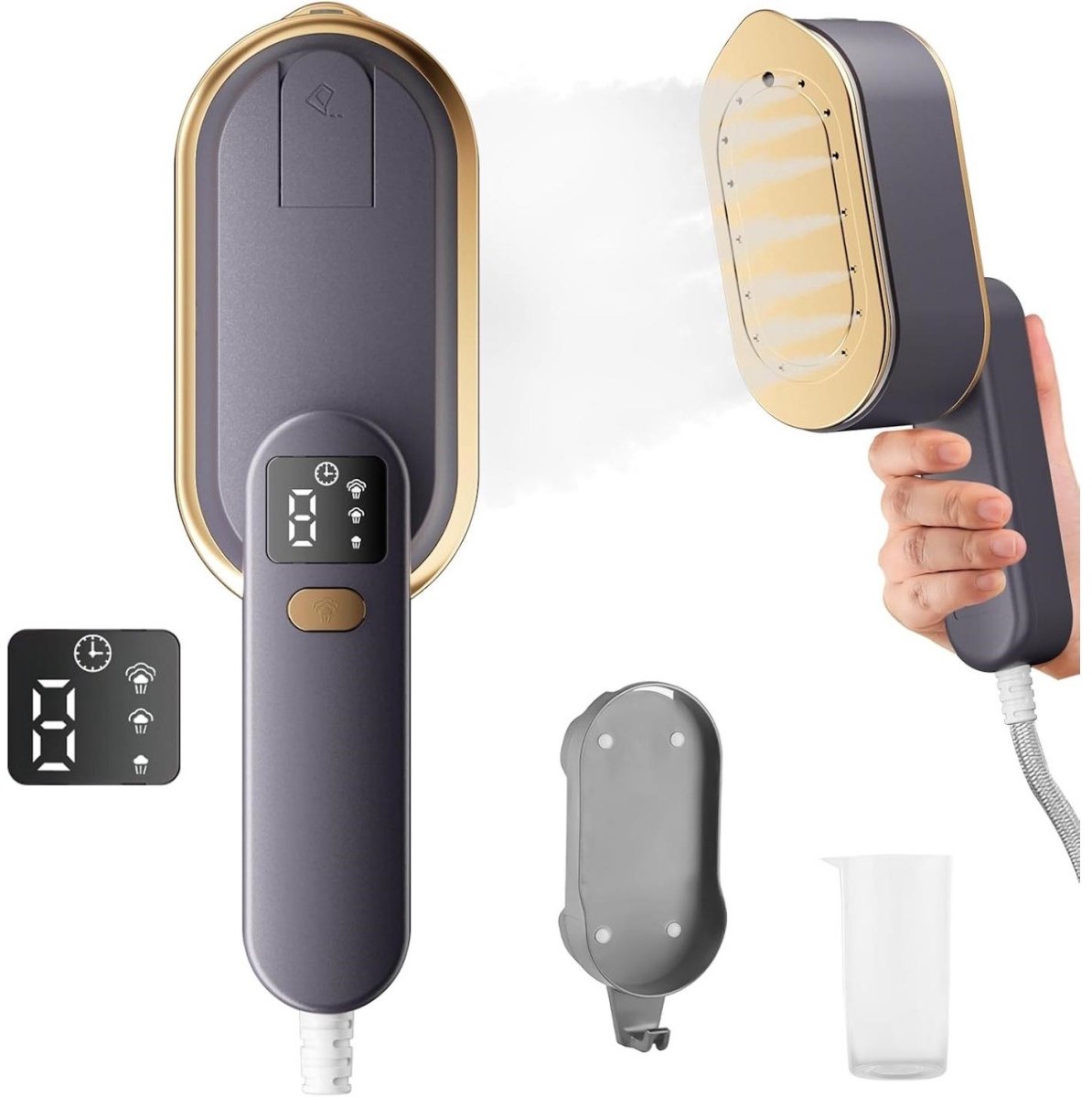 GELLDG Reisestoomstrijkijzer - Handheld Stoomstrijkijzer met LCD-scherm - 2000W 3 Dampstanden 10s Snel Opwarmen - Geschikt voor Kleding en Gordijnen - 16.5x7.5x10cm Plastic - 180° Draaibare Handgreep