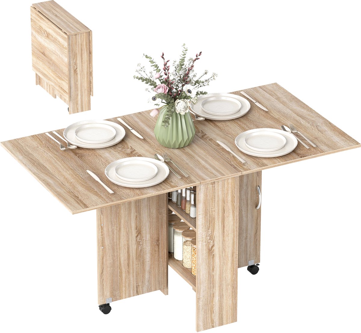 Opklapbare eettafel – demonteerbaar – met wieltjes – 75 x 140 x 74 cm – voorzien van 2 ingebouwde houten planken – naturel