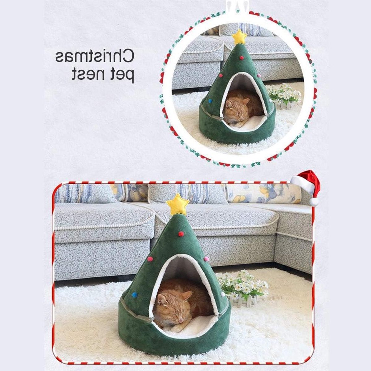 Kattenhuis Kerstboom - Kattenbed Tent - Dieren Slapen - Feestelijk Ontwerp - 40 x 33 x 15 cm - Groen