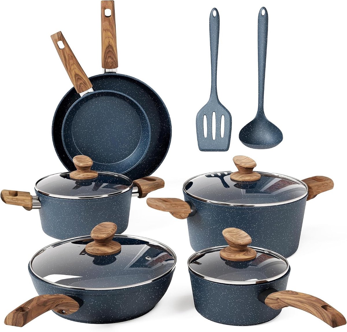 Inductie pannenset - Blauw - 12-delig - Aluminium met anti-aanbaklaag - Compleet kookgerei voor dagelijks gebruik