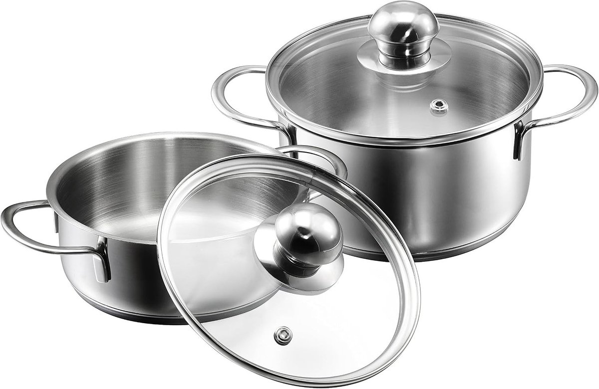 Inductie pannenset - Roestvrij staal - 14 + 14 cm - 2-delige mini kookpannenset met glazen deksel - Voor kleine porties