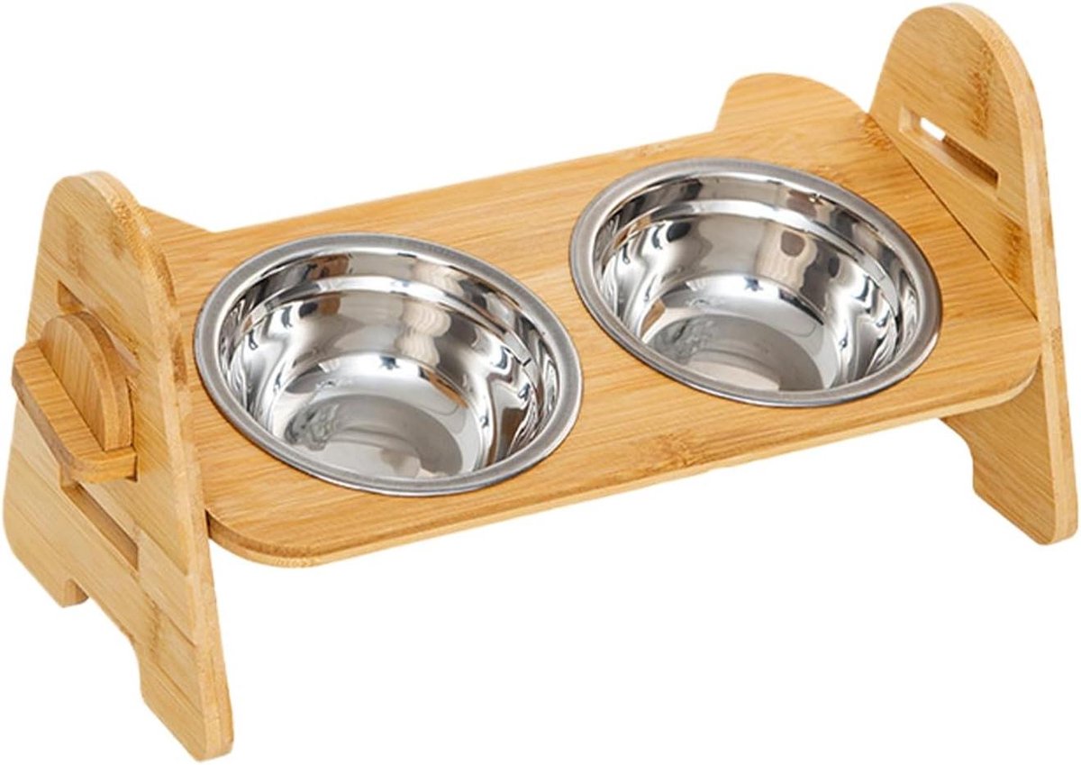 Hondenvoerbak Verhoging - Honden voerstandaard - Comfortabel voeren - In hoogte verstelbaar - 39x17x18cm - Houtkleur