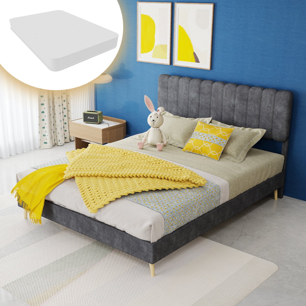 COVREO Bed 140x200 cm grijs, gestoffeerd met hoge hoofdsteun, incl matras