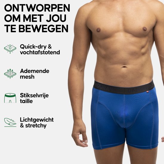 Man met blauwe boxershorts, merknaam 'ENDURANCE DANISH' op de tailleband. Tekst: "ONTWORPEN OM MET JOU TE BEWEGEN".