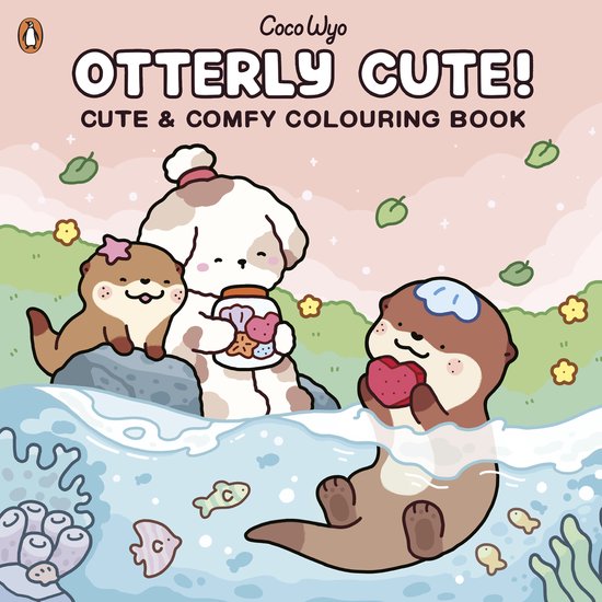 Coco Wyo Otterly Cute! Kleurboek met een hondje dat een pot met schelpen vasthoudt en twee otters, één met een hartje.