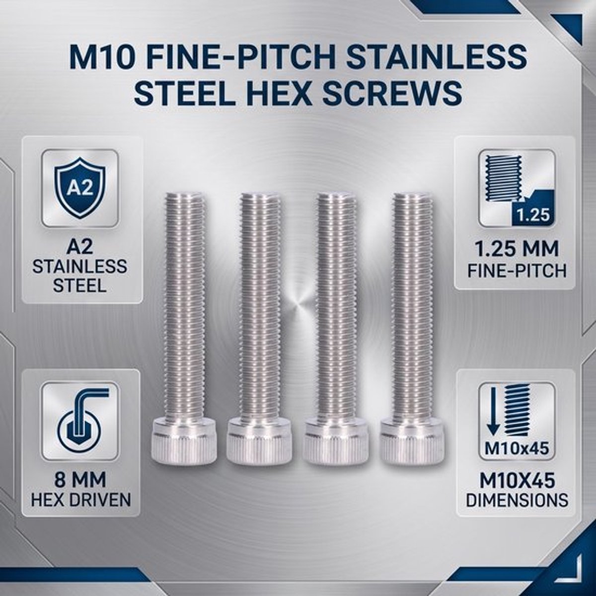 Hexbouten Roestvrij Staal - 4 Stuks - M10 Draaddiameter 10 mm - Fijne Pitch 1,25 mm - Toepasselijke Sleutelgrootte 8 mm - Geschikt voor Autocarrosserie - Schroeven