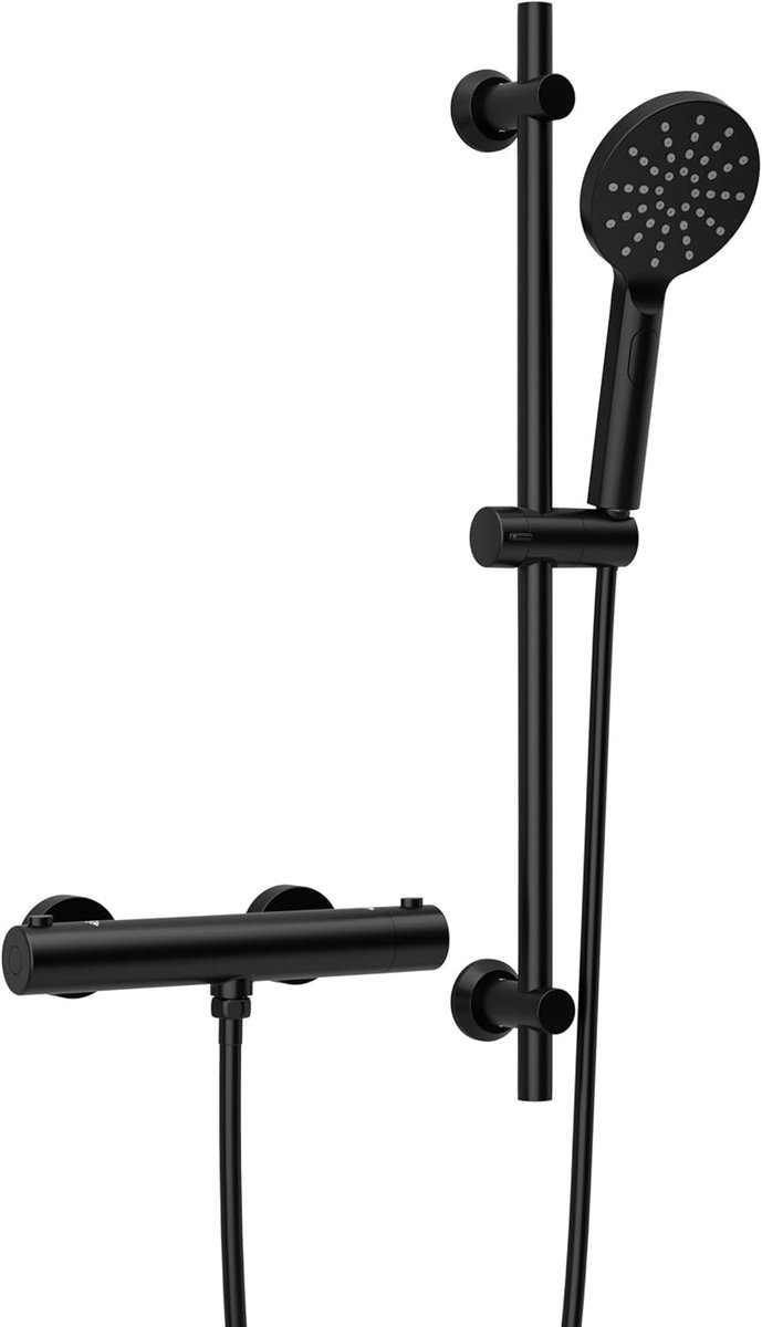 Regendouche deluxe - Mat zwart - 70 cm - Roestvrijstalen thermostaatdouchekraan met douchestangset - Voor badkamer