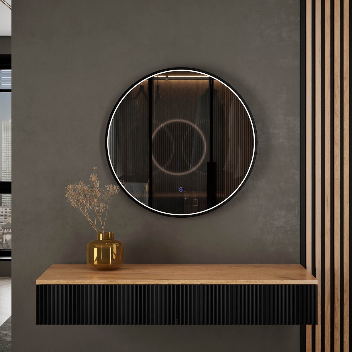 Planetmöbel AMYRA Wandconsole 100 cm – Goud Eiken/Zwart – VELUNA LED Spiegel 60 cm – Dimbaar – 3 Lichtkleuren