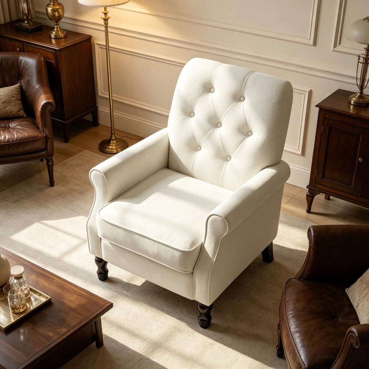 FloraGrace Fauteuil 1-Zits – Dik Gevoerde Zitplek Met Knoopdetails En Armleuningen – Comfortabel Voor Woonkamer Of Leeshoek – Linnenlook Stof – Crème