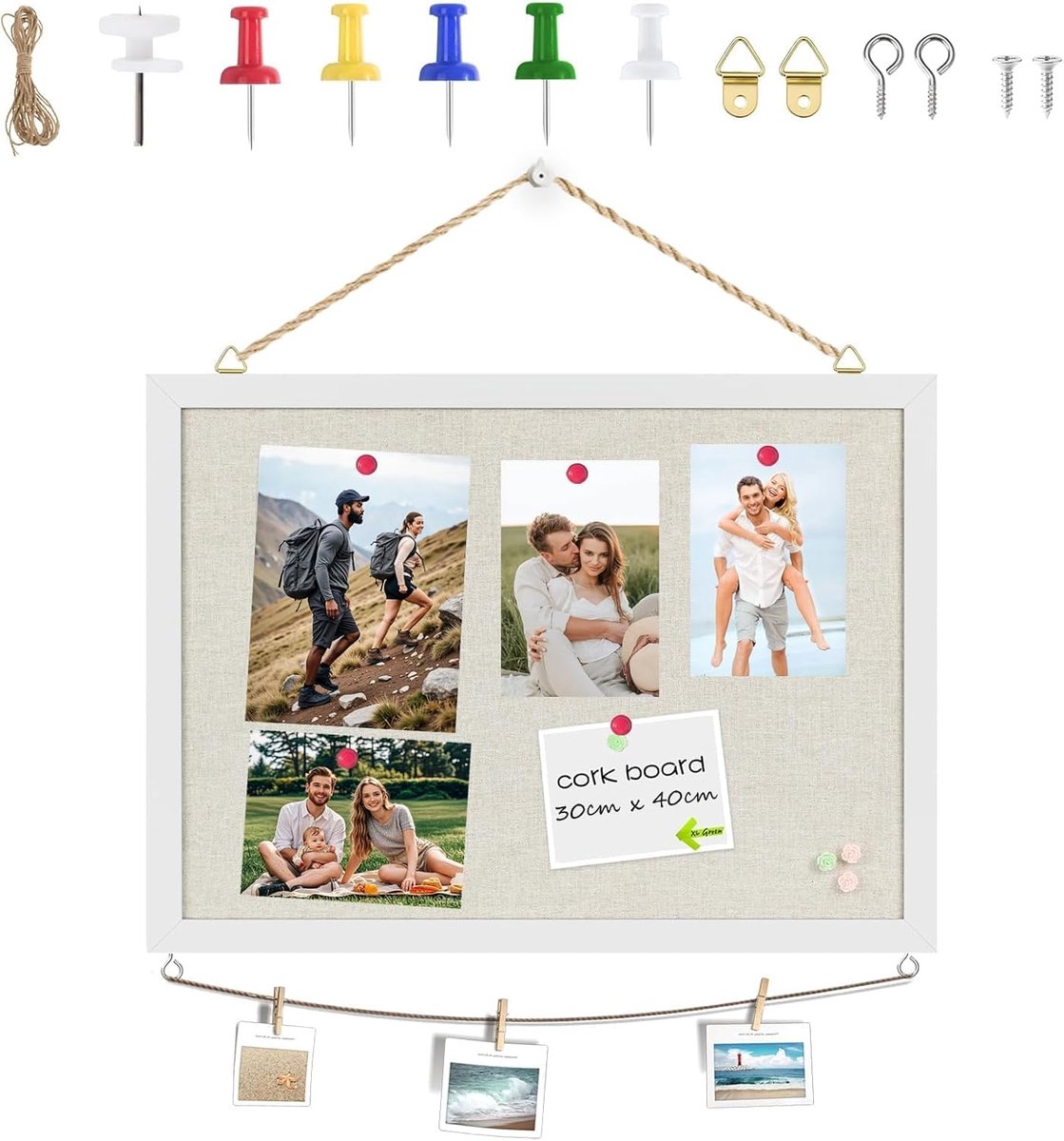 Prikbord - kurk - 40 x 30 cm - prikbord - kurkbord met spelden en montageaccessoires - veelzijdig prikbord - klein voor keuken - kantoor - thuiskantoor en woonkamer