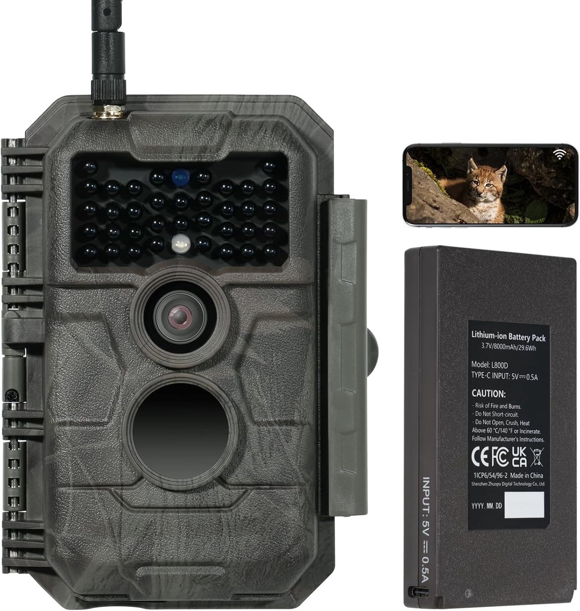 Wildcamera - Zwart - 64 MP 1296P - Met Wifi, Oplaadbare 8000 mAh Batterij en Nachtzicht - Voor Buitengebruik