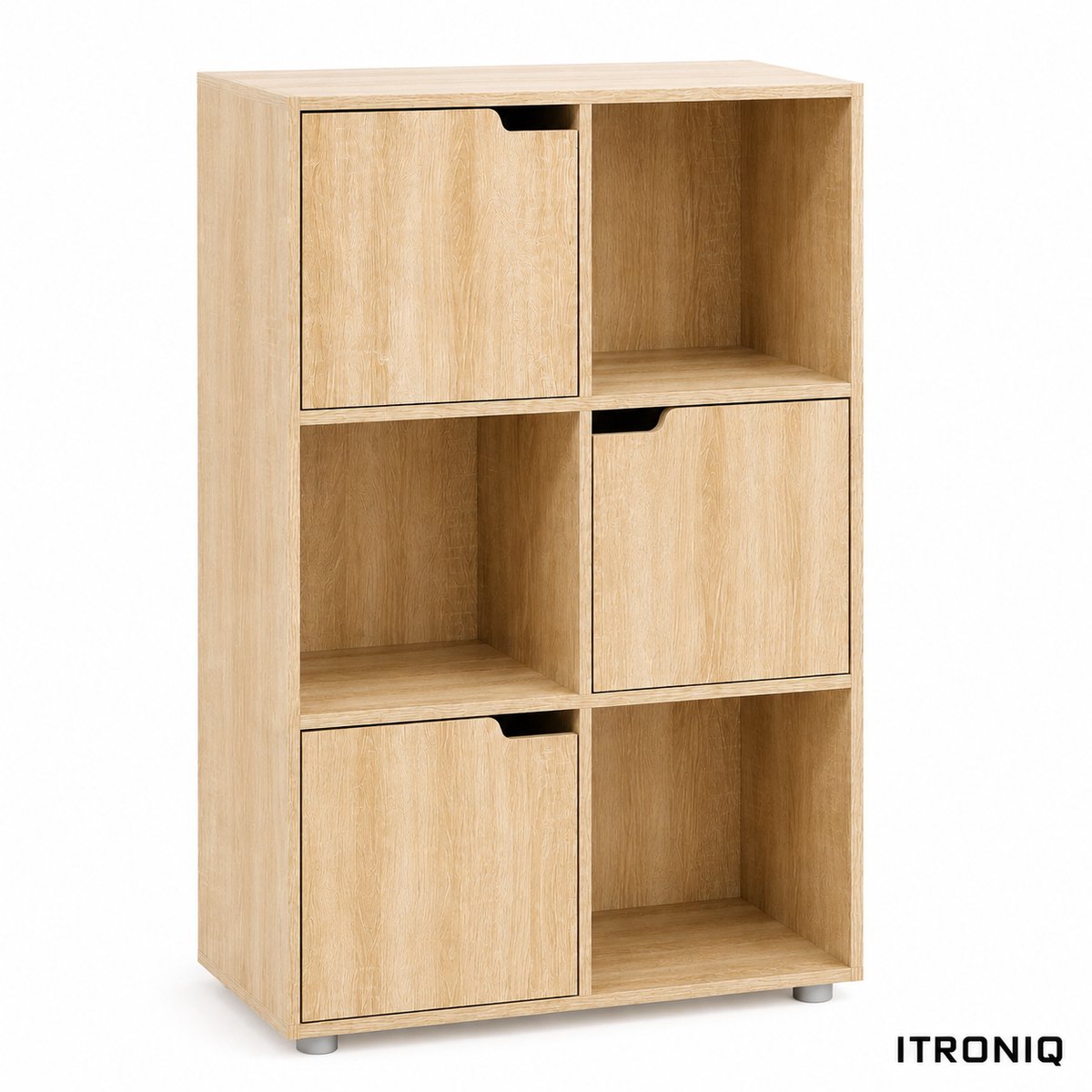 ITRONIQ Boekenkast 59,7 x 29,7 x 91 cm - Opbergkast Met 6 Vakken en 3 Deuren - Vrijstaand Vakkenkast - MDF - Licht Eiken
