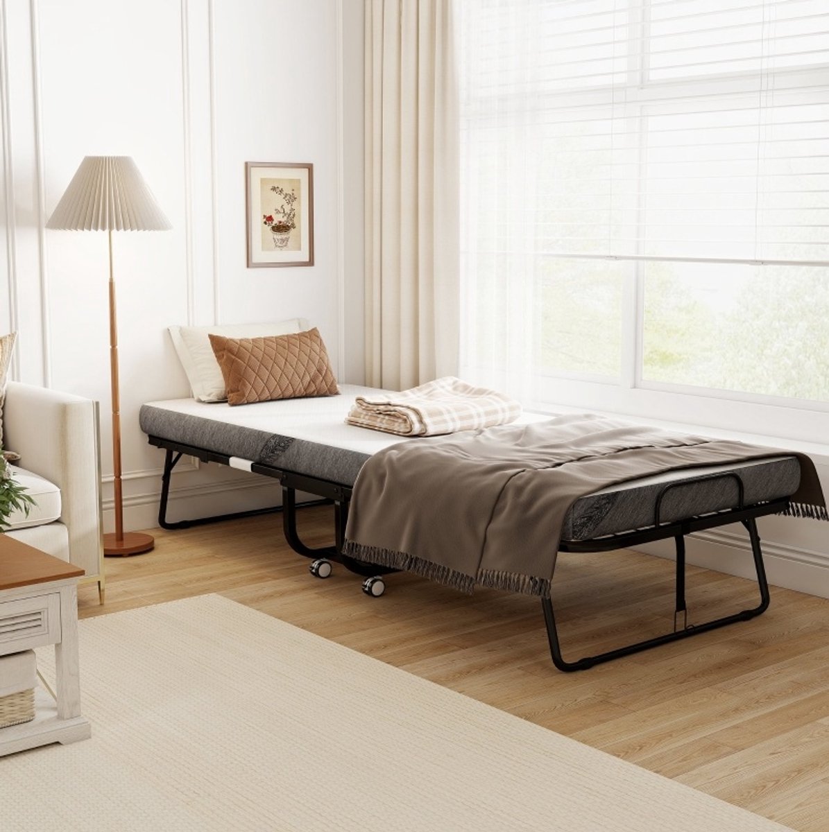 COVREO Opvouwbaar gastbed met wielen – 200x90x42,5 cm – Logeerbed voor slaapkamer en kantoor – Polyester – Wit - zonder matras