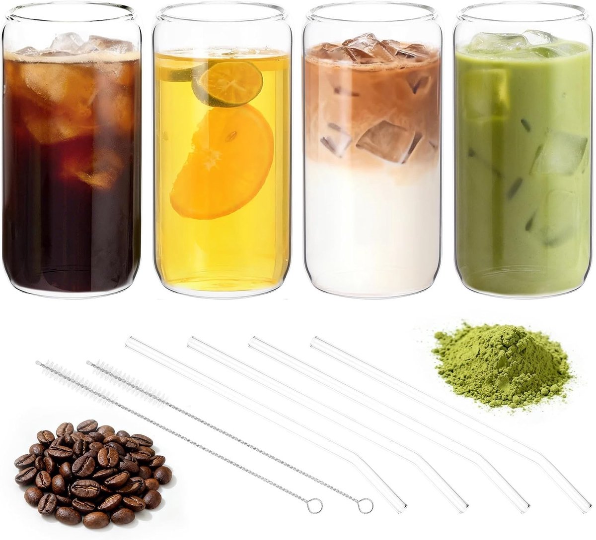 Ijskoffie glazen - Transparant - 500 ml - Glas met Rietje en Deksel - Set van 4 voor Koffie en Cocktails