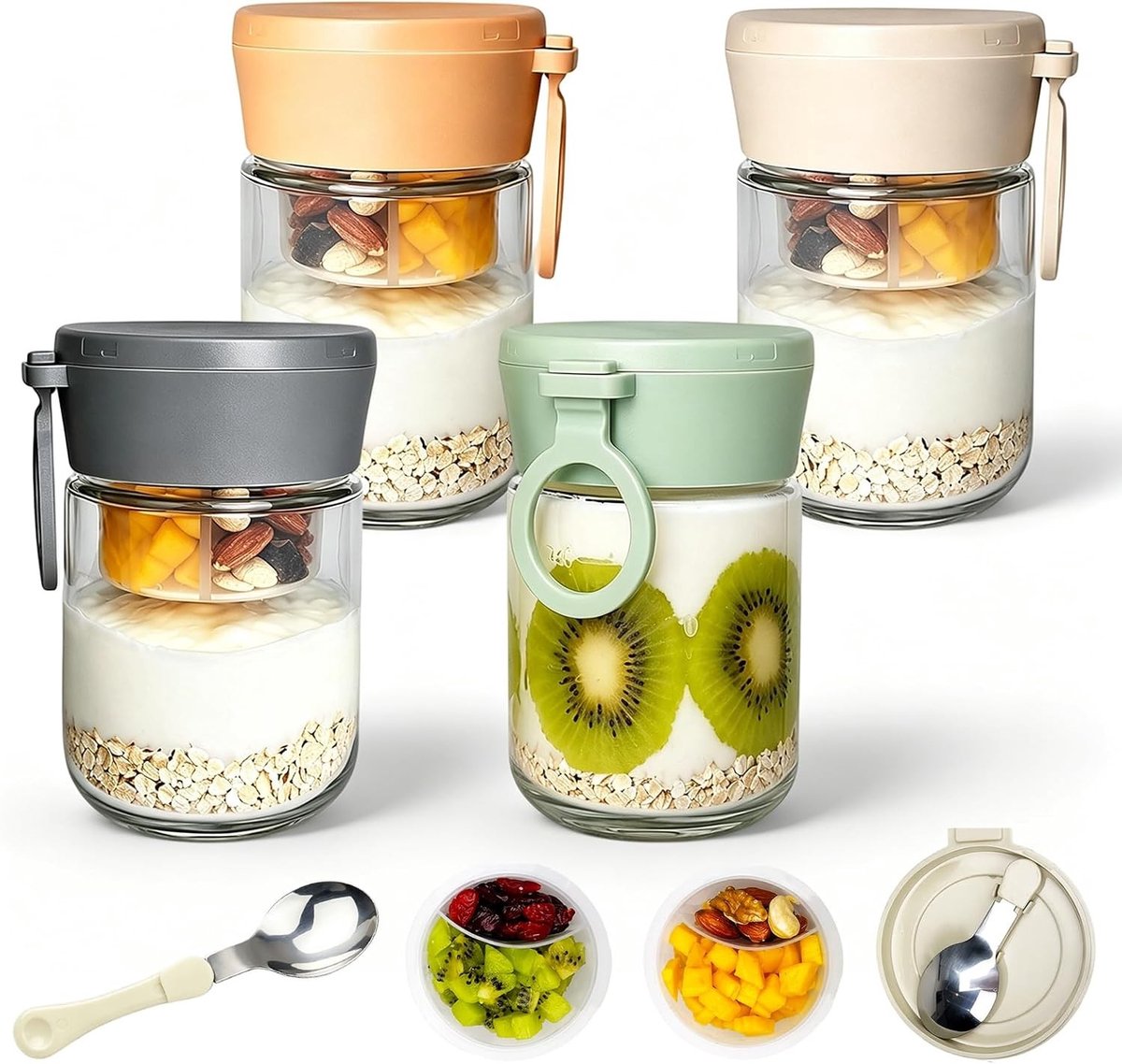 Set van 4 Herbruikbare Glazen voor Overnight Oats en Yoghurt, 480ml/600ml - Ideaal voor Maaltijd Prep, School en Picknicks