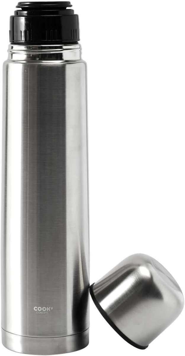 Thermoskan met pomp - Zilver - 1 L - RVS Thermosfles met Praktische Doppenbeker - Voor Kantoor en Vrije Tijd