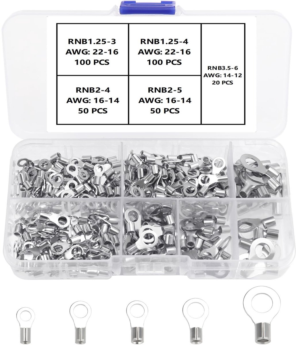 320 Stuks M3/M4/M5/M6 Niet Geïsoleerde Draad Terminals Set, Ring Terminals en Crimp Terminals, Koper Cam Ring Terminal Stekkers voor AWG 22-16 16-14 14-12