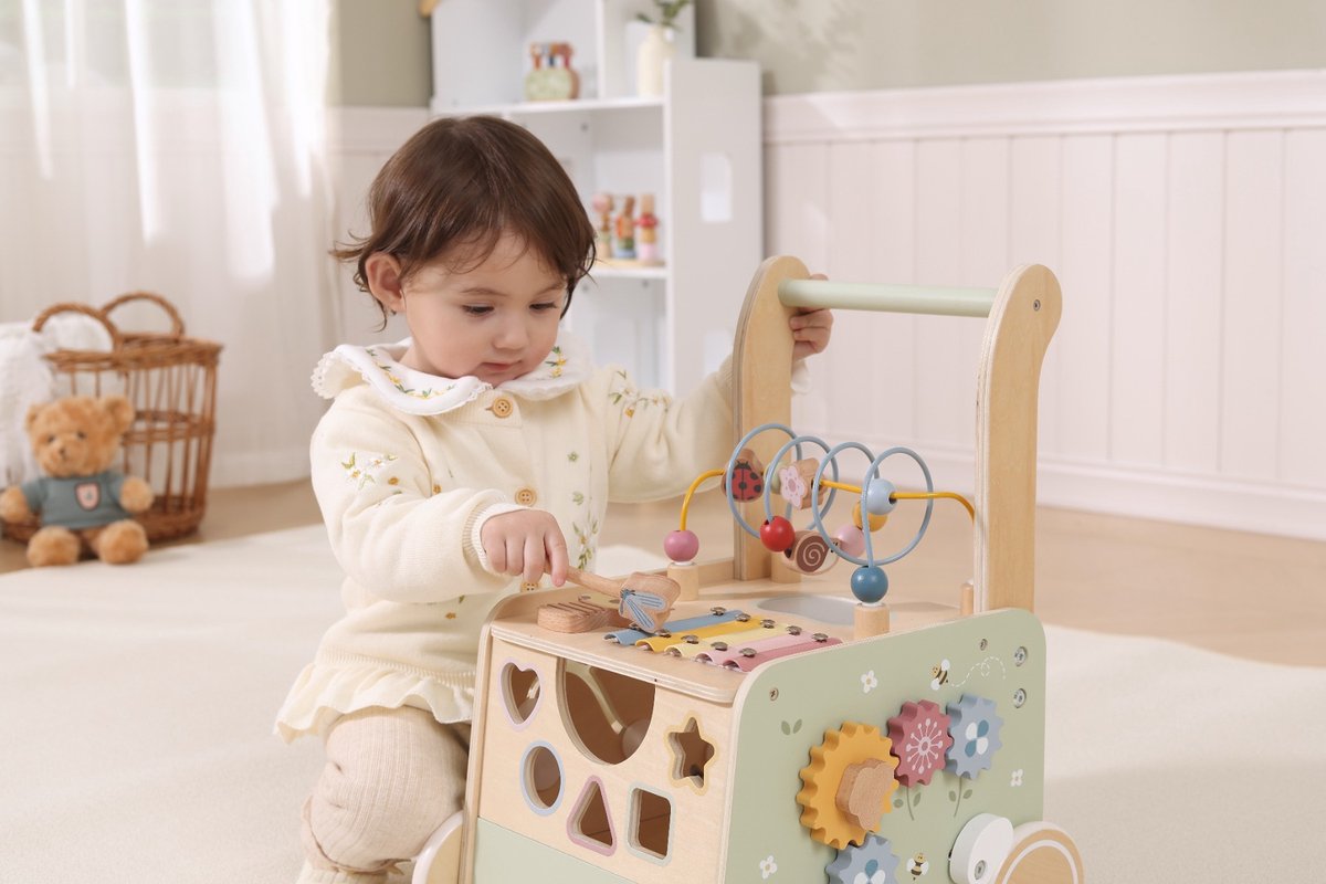 PolarB Houten Loopwagen met Activiteiten - Baby Walker met Blokken, Kralenbaan, Vormenstoof en Muziekinstrument - Educatief Speelgoed vanaf 12 Maanden – foto 7