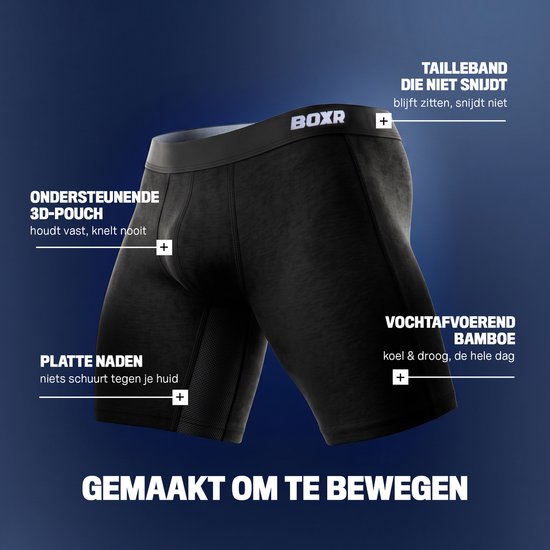 Zwarte BOXR boxershort met kenmerken zoals "Tailleband die niet snijdt", "Ondersteunende 3D-pouch", "Platte naden" en "Vochtafvoerend bamboe".