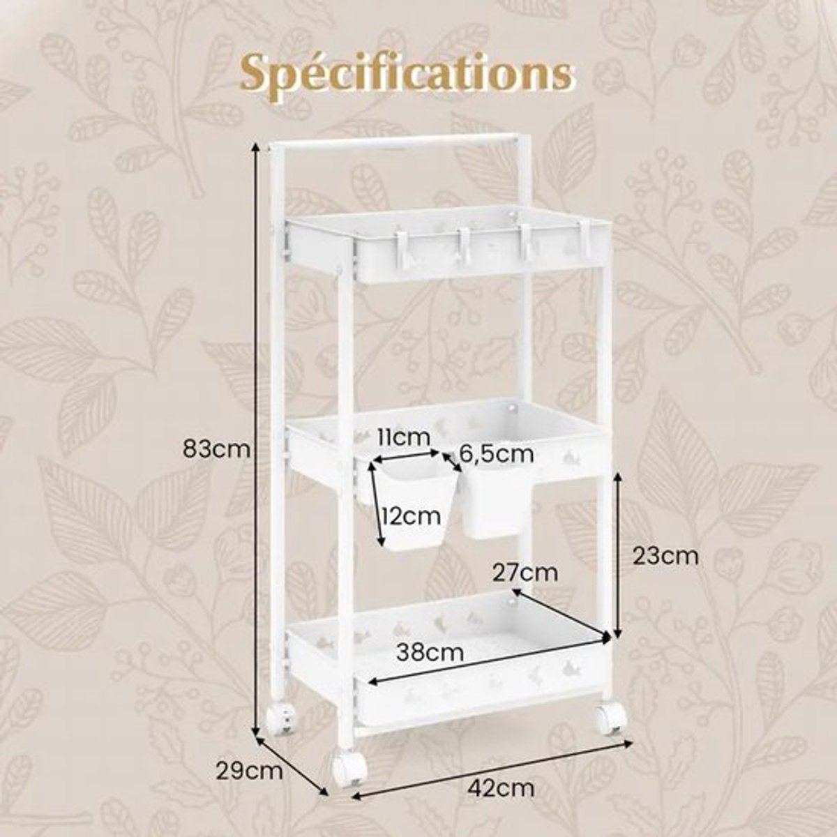3-laags rolwagen serveerwagen met wielen keukenwagen met 2 hangende bekers 42 x 29 x 83 cm wit