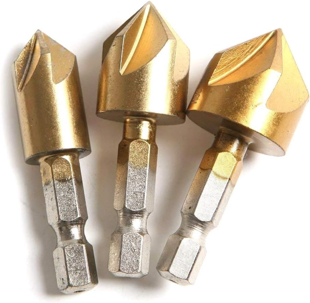 Set van 3 titanium gecoate boren met hexaschaft en 5 snijkanten voor hout en metaal, 3,13 mm, 16 mm, 19 mm