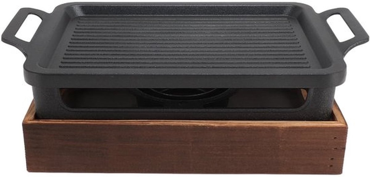 Tafelbarbecue Draagbaar - Houten Basis - Grillpan 27 x 20 cm - Even Verwarmingstechnologie - Warmteopslag - Multifunctioneel Ontwerp - Barbecuegrill