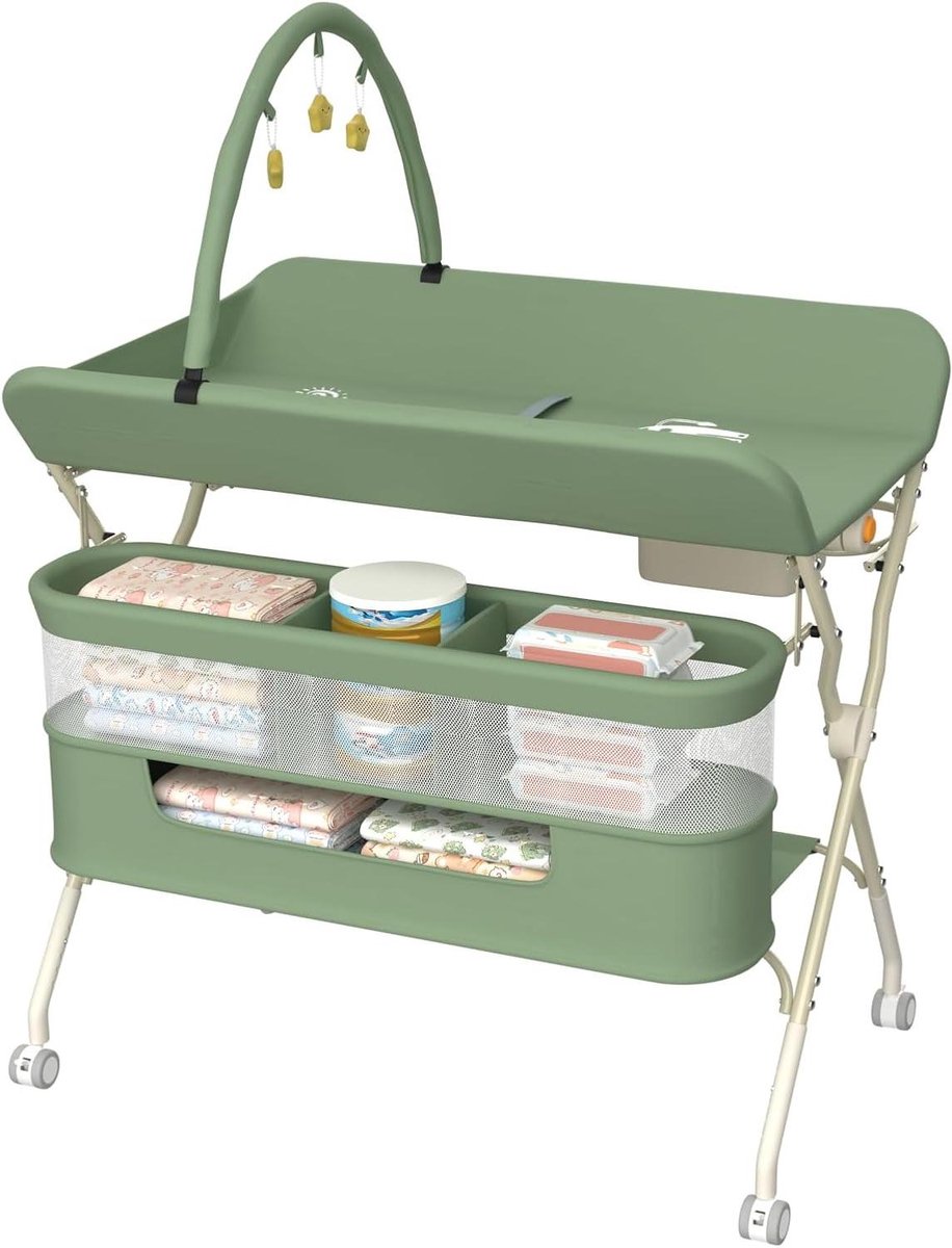 Babyverzorgingstafel - Commode met wielen - Baby verzorgen - In hoogte verstelbaar - 75 x 68 cm - Groen