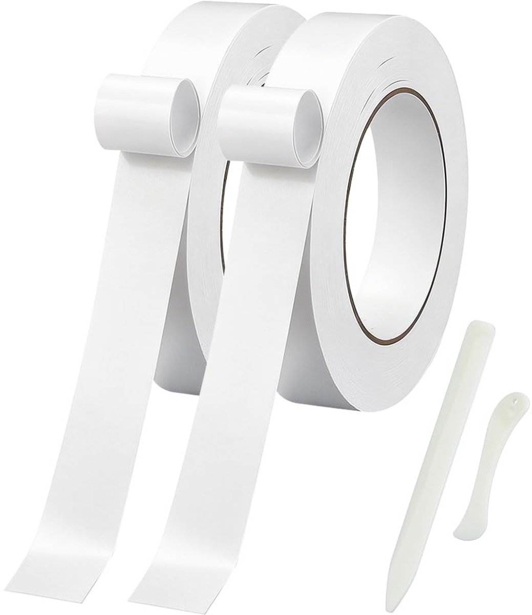 Dubbelzijdig plakband 40 m wit weefseltape met briefopener, ideaal voor kledingreparaties, gordijnen en knutselwerk, 25 mm breed