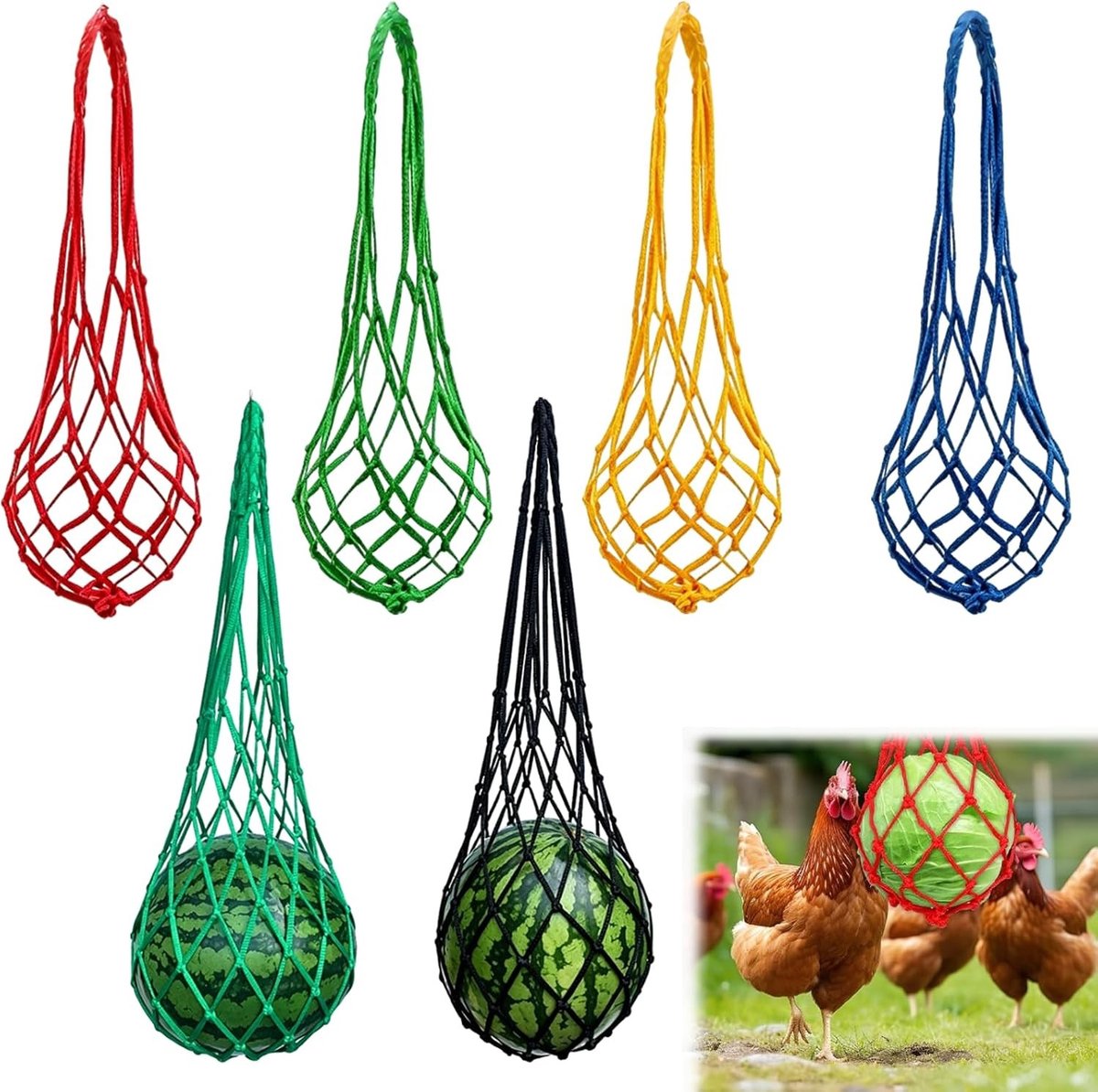 Hanging Voederzakken voor Pluimvee - 6 Stuks Nylon Voedernet voor Groenten en Fruit, Perfect voor Kippen, Eenden en Ganzen in het Kippenhok