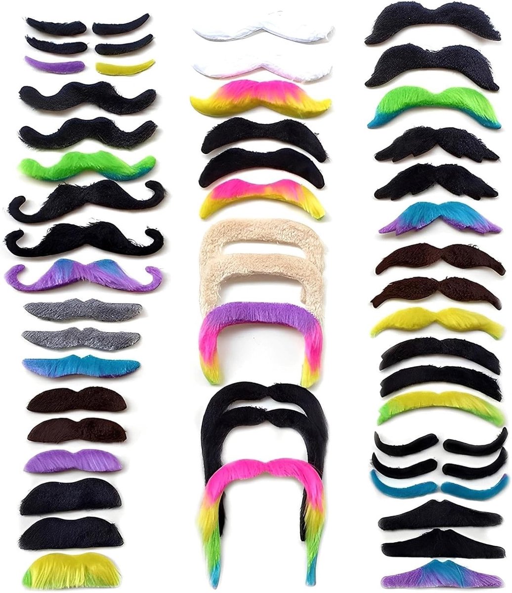 48 Pcs Neppetjes Snorren en Baarden voor Feestjes, Verkleedpartijen en Theatrale Optredens in 16 Stijlen