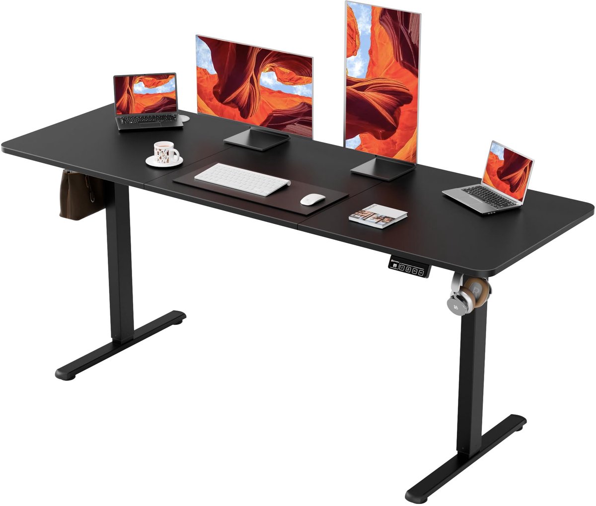 Elektrisch in hoogte verstelbaar bureau 170 x 60 cm - zwart frame + zwart tafelblad - splitplaat - ShopVlot