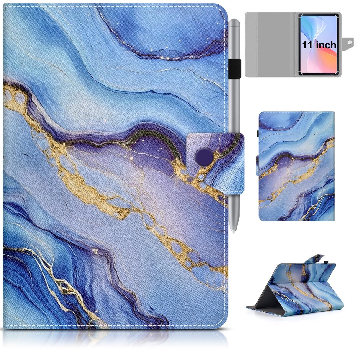 Tablethoes 11 inch - Lederen folio - Blauw marmer - Ideaal voor bescherming - ShopVlot