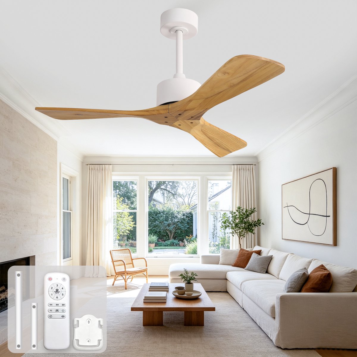 Moderne 42-inch plafondventilator zonder lamp - Afstandsbediening - Stille omkeerbare DC-motor - 6-snelheden omkeerbare ventilatorinstellingen - Drie propellerbladen van massief natuurhout - Modern design