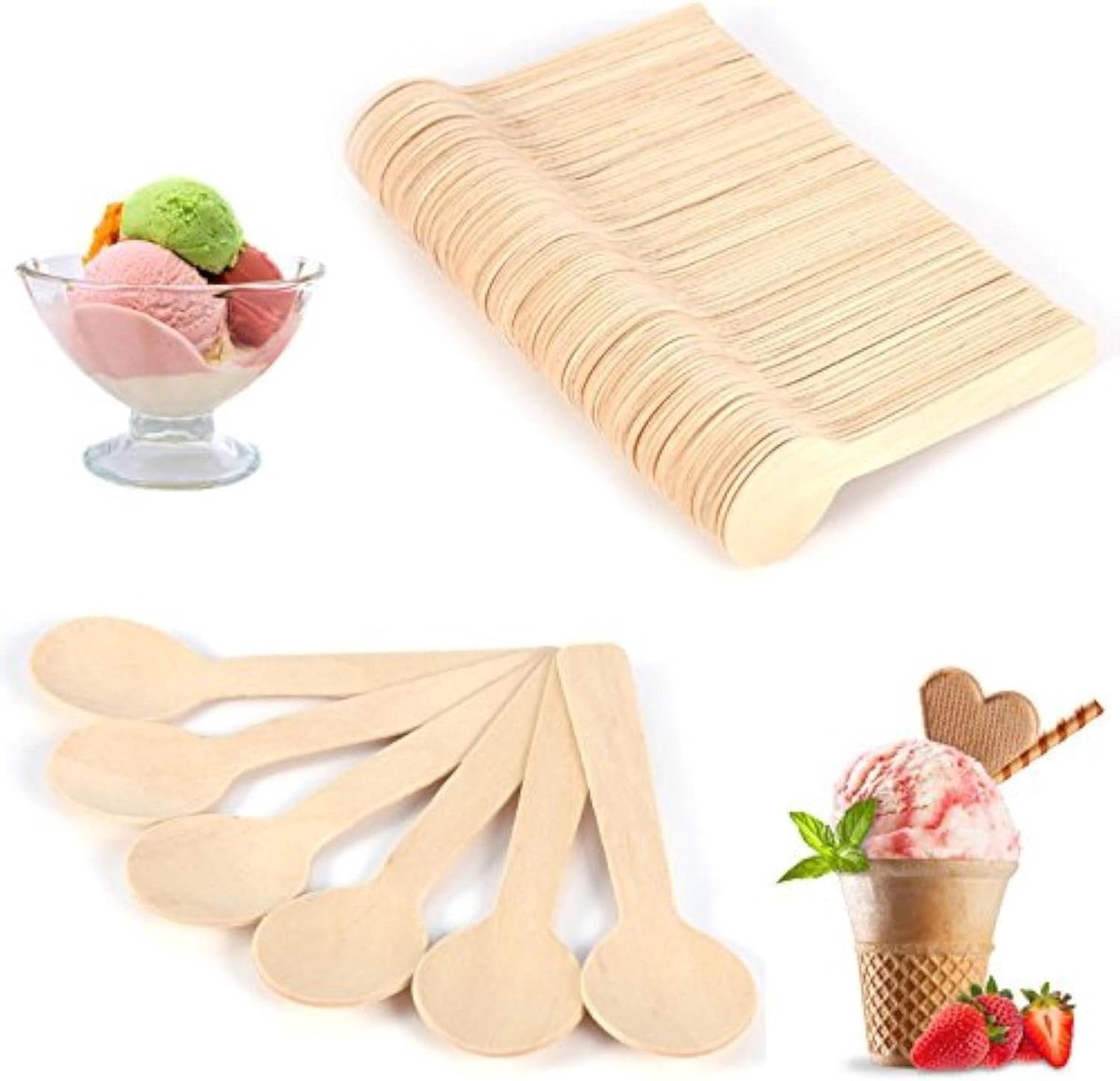 Houten lepelset van 100 stuks, stevige en duurzame dessertlepels voor BBQ, picknick en feestjes, stijlvolle vervanging voor plastic bestek