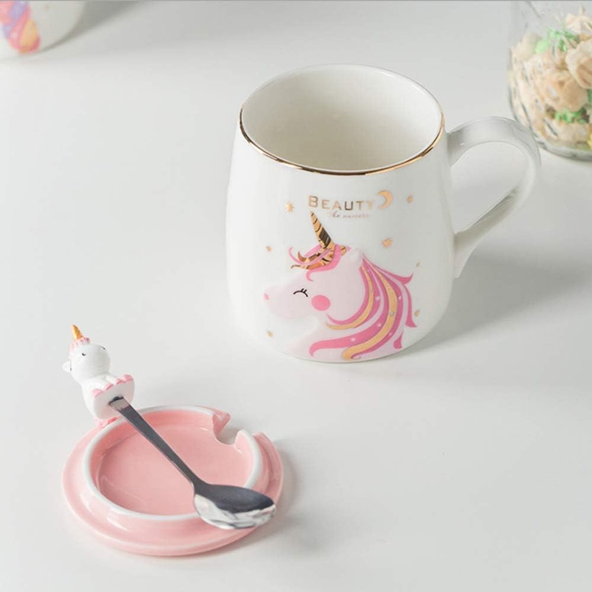 Schattige keramische eenhoorn mok met lepel, ideaal voor koffie, thee en melk, perfect cadeau voor eenhoornliefhebbers, 380 ml
