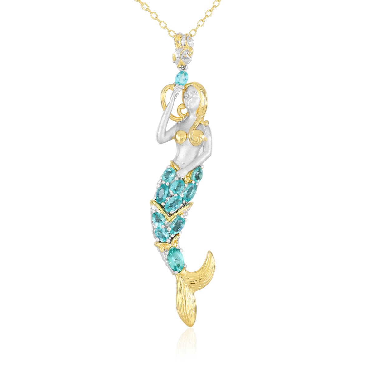 Cavill - Luxe Dames Halsketting 925 Sterling Zilver Verguld - 2.26 ct Groene Fluorapatiet Ovaal - Zeemeermin Hanger - Edelsteen Ketting