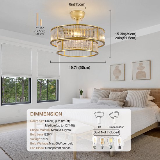 19 inch kristallen plafondventilator met dubbele verticale balk (goud) - App-bediening - 6 snelheidsstanden - Geluidsarm - ABS-bladen - Ideaal voor slaapkamer en kinderkamer — afbeelding 3