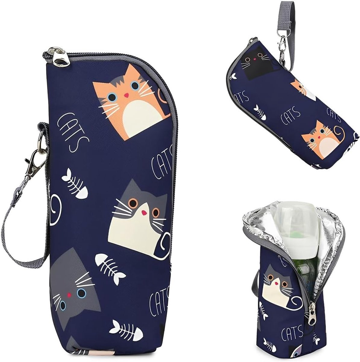 Thermische Flessenhouder met Kat Ontwerp, Waterdicht Oxford PVC, Koeltas voor Babyflessen, Ideaal voor Kinderen en Studenten, Blauw, 24 x 12 cm