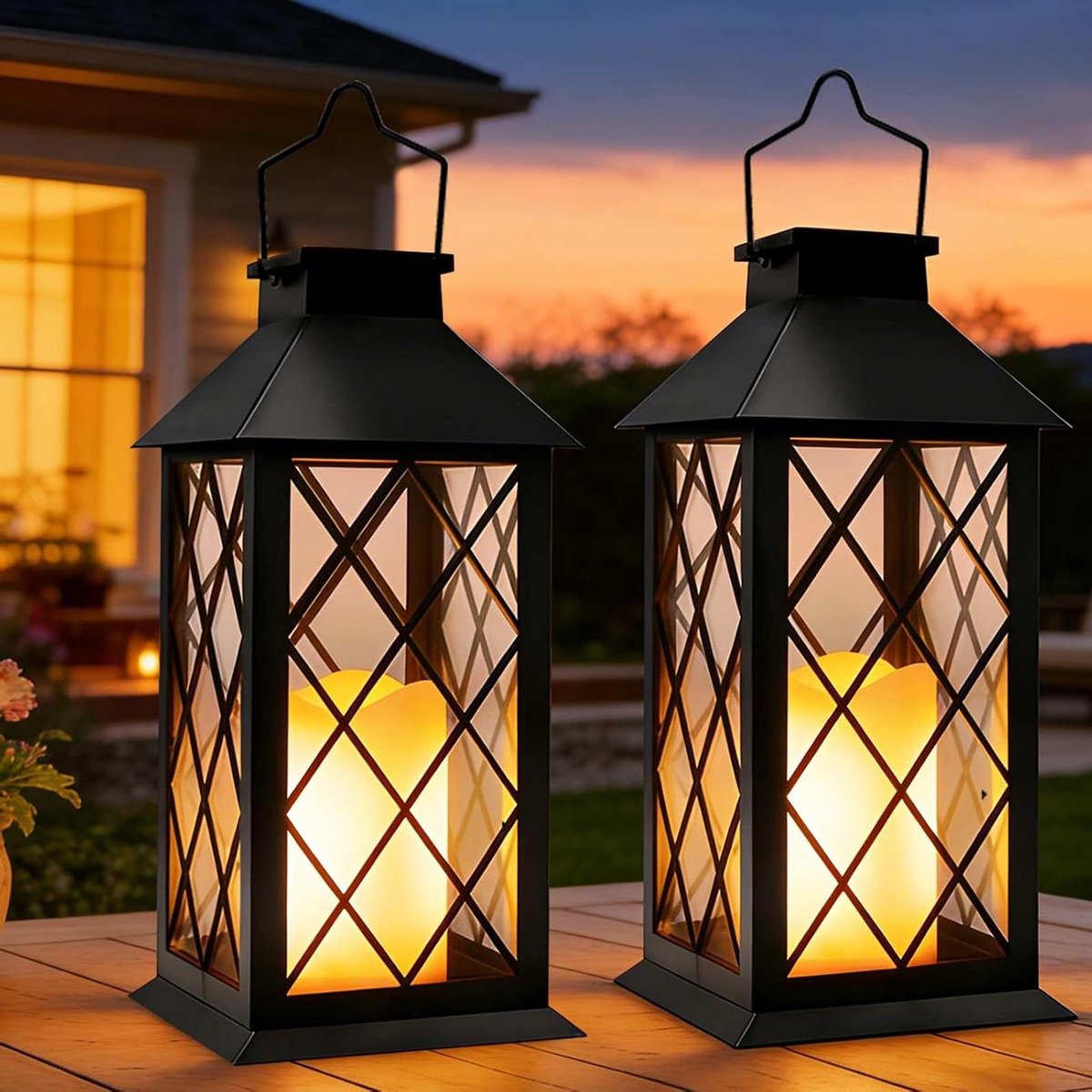 Lantaarns op zonne-energie - Zonnelampen buiten - Sfeervol verlichten - Flikkerend kaarslicht effect - 2 stuks - Zwart