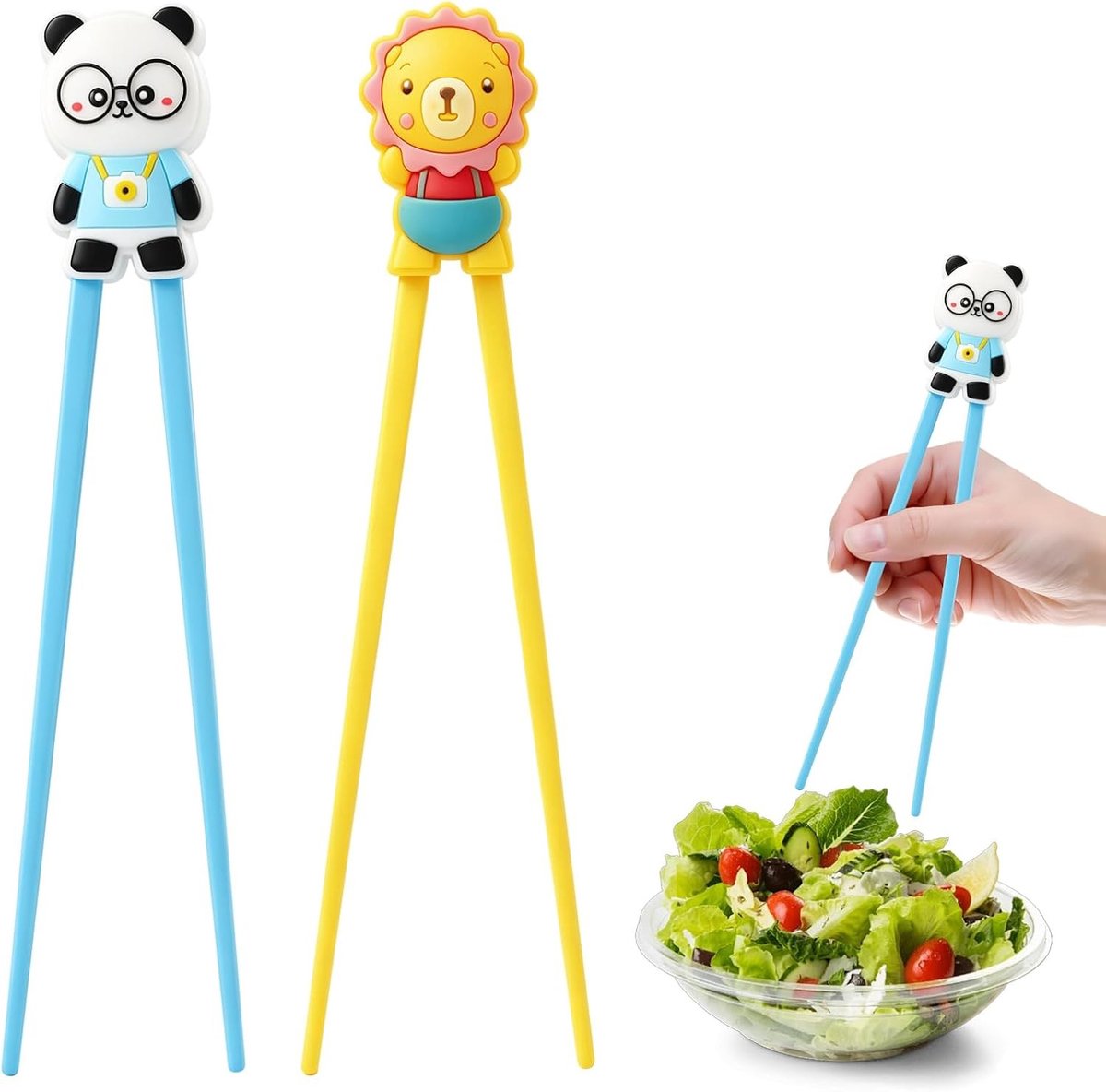 Eetstokjes voor beginners met hanterhulp en afneembare houder, panda en leeuw motief, ideaal voor kinderen en volwassenen