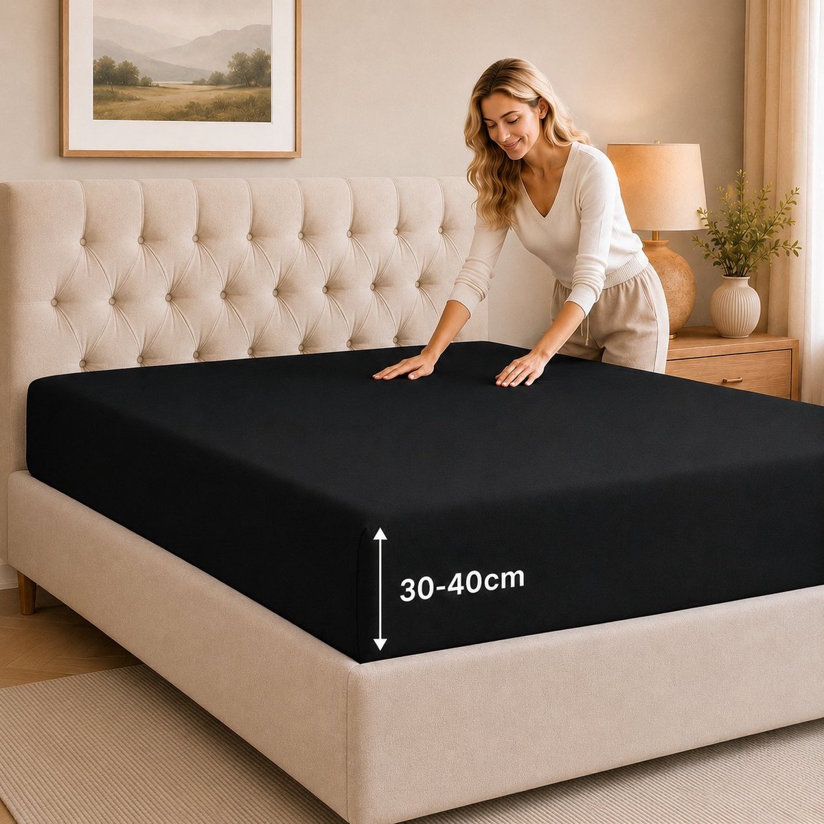Hoeslaken 90x200 cm – 40 cm diepe hoek – Geborstelde polyester microvezel – Geschikt voor boxspringbedden – Past op matrassen tot 40 cm – OEKO-TEX gecertificeerd – Krimp- en kleurvast – Zwart