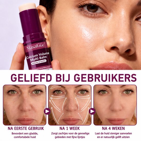 Drie foto's van een vrouw na gebruik van "Calcium Volume Multi Balm". De tekst "GELIEFDE BIJ GEBRUIKERS" staat onderaan.