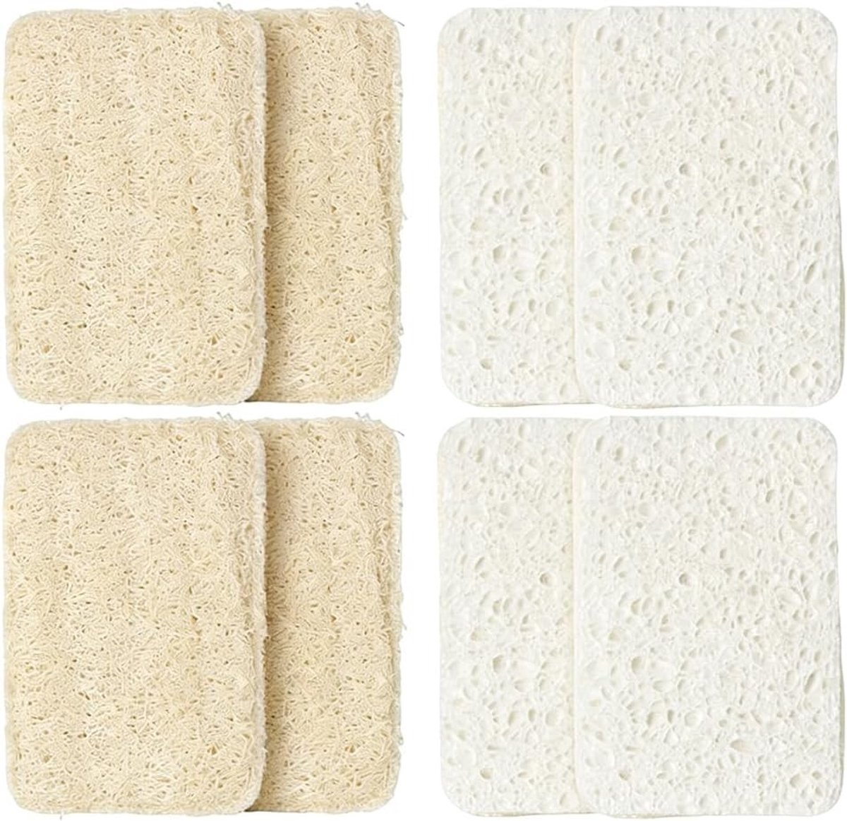 Set van 4 Natuurlijke Loofah en Katoenen Sponsen, Duurzaam en Milieuvriendelijk voor Keuken en Tafelgerei, Ideaal voor Krasvrije Reiniging en Afwas