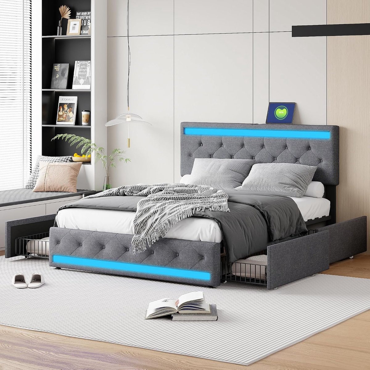 China Gestoffeerd tweepersoonsbed - 140 x 190 cm - met led en USB - opbergbed met 4 laden - boxspringbed met opbergruimte en lattenbodem - jeugdbed - rugleuning - bedframe - linnen - grijs - zonder matras