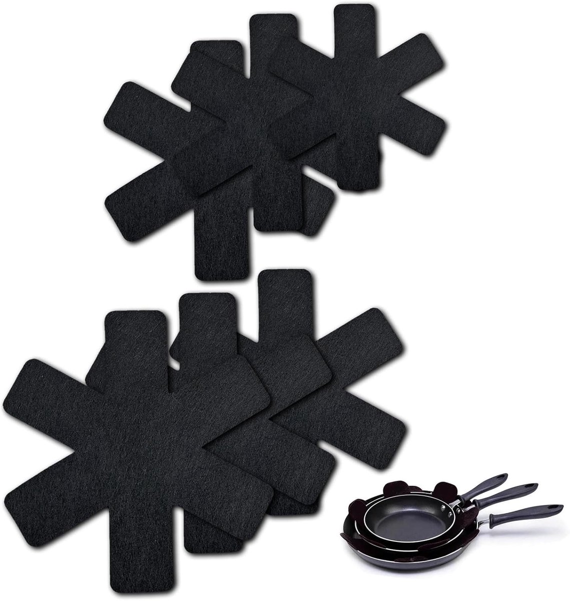 Set van 6 Beschermers voor Potten en Pannen, Diverse Maten, Zwart, Ideaal voor Stacking en Scheiding van Keukengerei (20, 26, 28, 30, 35, 38 cm)