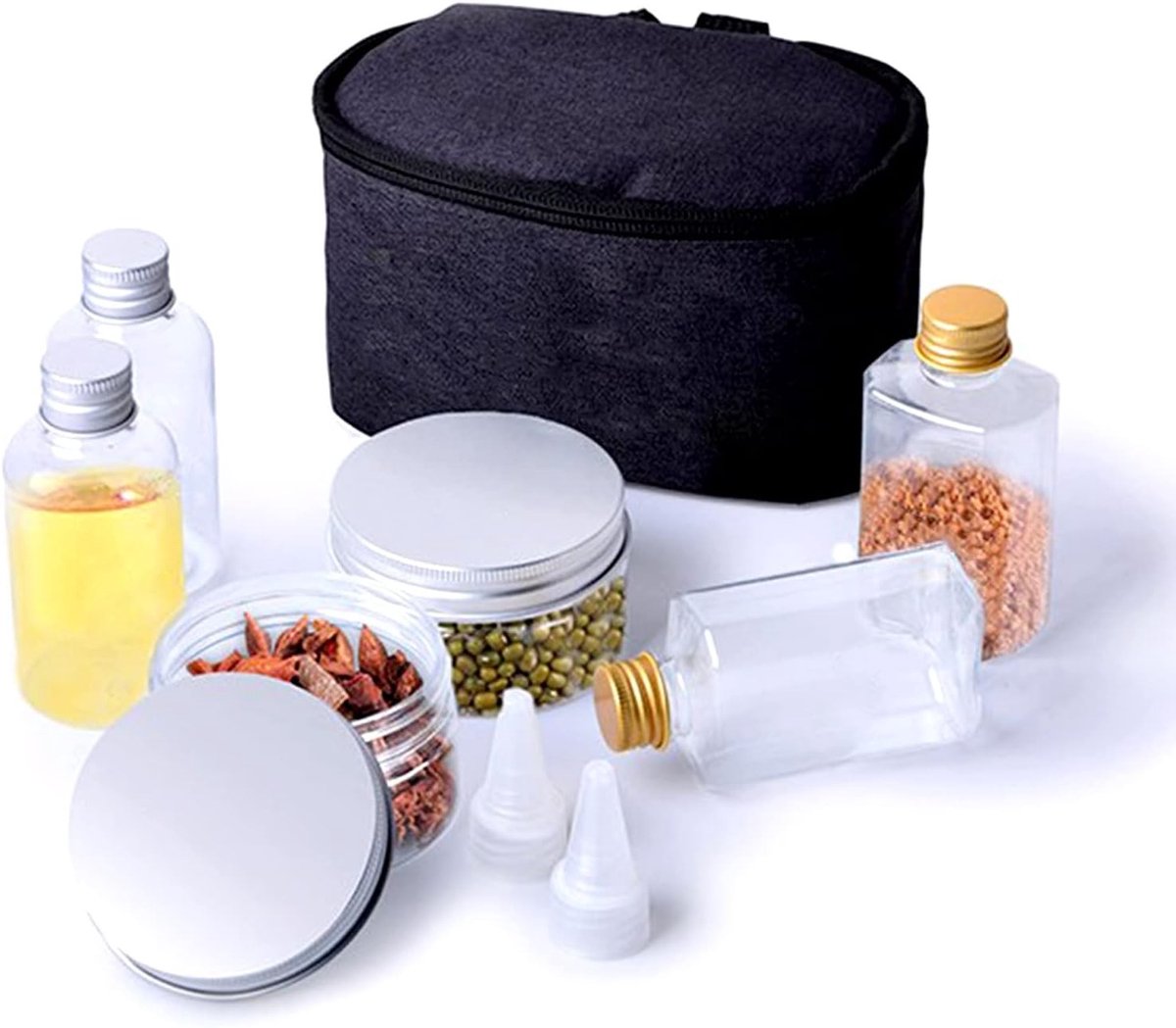 Set van 8 Draagbare Specerijflessen met Deksel en Organizer Tas - Perfect voor Reizen, Kamperen, BBQ en Picknicken - 75/80/100ml