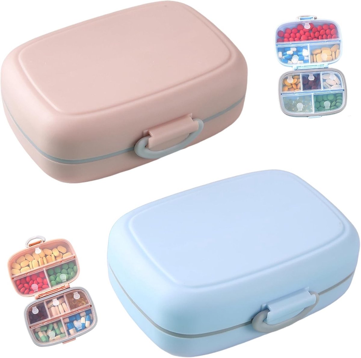 Weekdoos voor Medicijnen - 2-Pack Pillendoos met 8 Compartimenten, Draagbaar voor Reizen en Dagelijks Gebruik, Blauw en Roze, Compact en Handig 4 x 8.5 x 3.8 cm