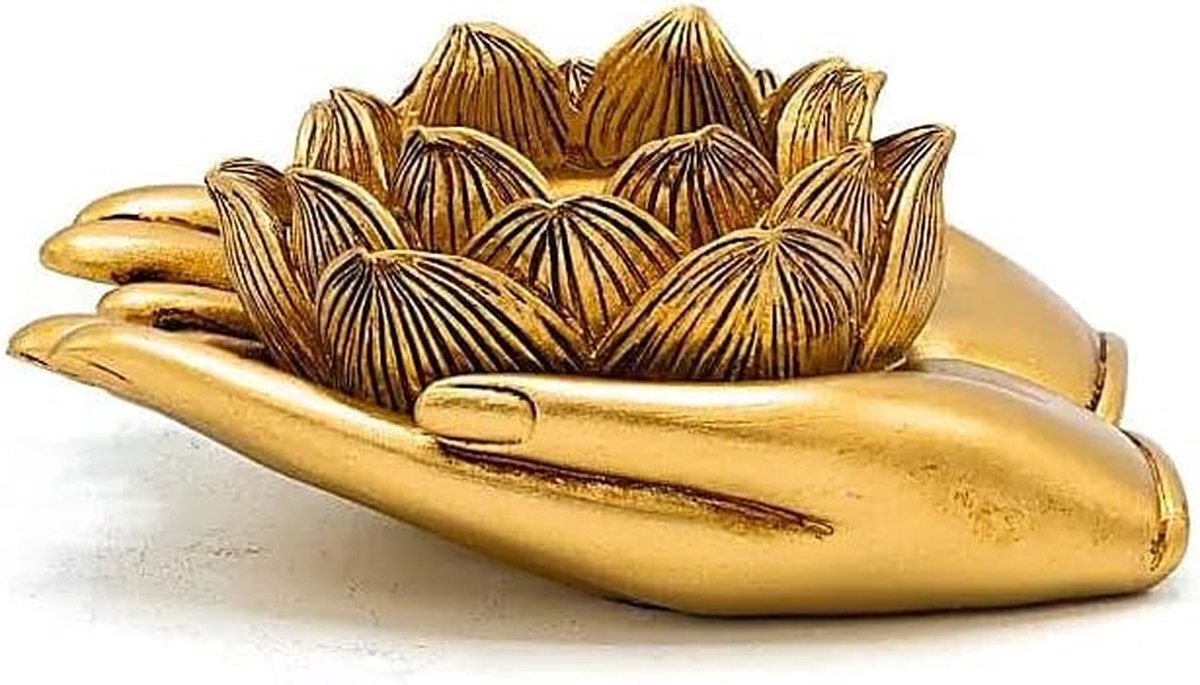 Theelichthouder lotushanden - Kaarsenhouder decoratief - Spirituele sfeer - Gouden polyhars - 115 cm - Goud